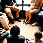 **A group of diverse people sitting in a circle, actively listening and making eye contact with each other. The atmosphere is warm and inviting, with soft lighting and comfortable seating.**