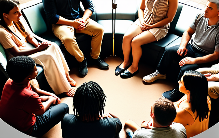 **A group of diverse people sitting in a circle, actively listening and making eye contact with each other. The atmosphere is warm and inviting, with soft lighting and comfortable seating.**